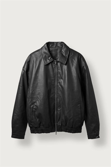 Erkek Relax Fit Bomber Deri Ceket Siyah