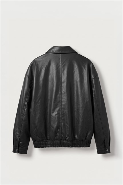 Erkek Relax Fit Bomber Deri Ceket Siyah