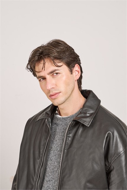 Erkek Relax Fit Bomber Deri Ceket Siyah