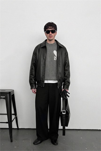 Erkek Relax Fit Bomber Deri Ceket Siyah