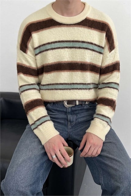 Erkek Relax Fit Çok Renkli Blok Çizgili Triko Kazak Sarı