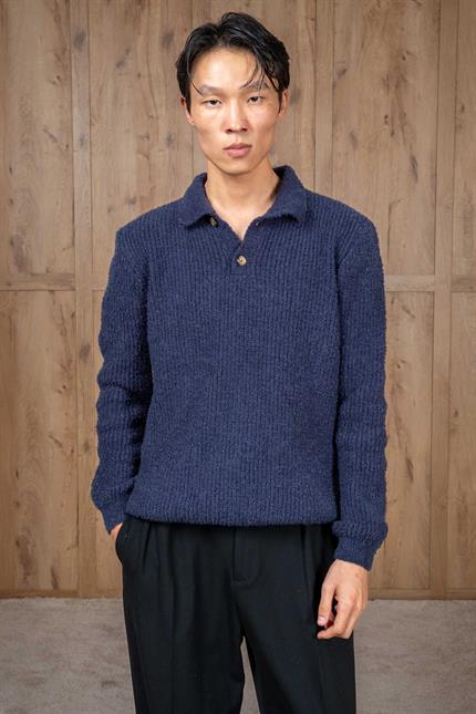 Erkek Relax Fit Düğmeli Dokulu Kazak Lacivert