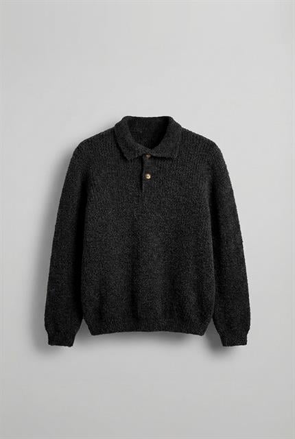 Erkek Relax Fit Düğmeli Dokulu Kazak Siyah