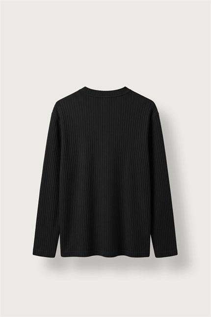 Erkek Relax Fit Henley Yaka Fitilli Triko Kazak Siyah