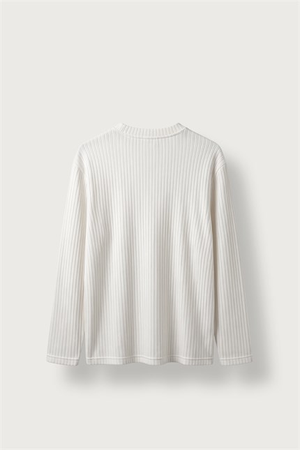 Erkek Relax Fit Henley Yaka Fitilli Triko Kazak Ekru