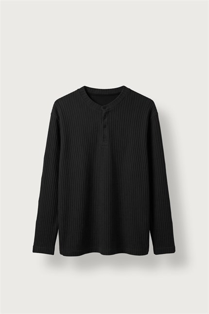 Erkek Relax Fit Henley Yaka Fitilli Triko Kazak Siyah