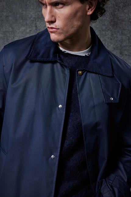 Erkek Relax Fit Kadife Yaka Detaylı Uzun Trençkot Lacivert