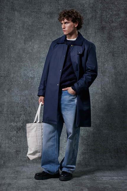 Erkek Relax Fit Kadife Yaka Detaylı Uzun Trençkot Lacivert