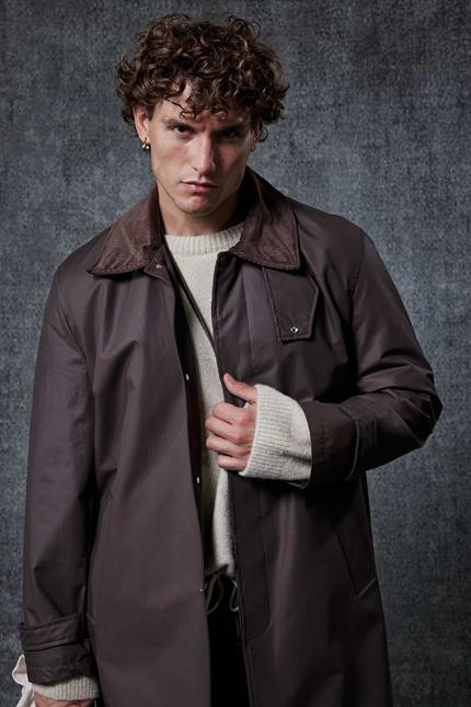 Erkek Relax Fit Kadife Yaka Detaylı Uzun Trençkot Haki Yeşil