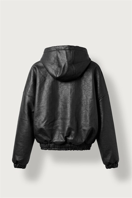 Erkek Relax Fit Kapüşonlu Dokulu Bomber Mont Siyah