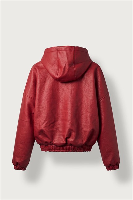 Erkek Relax Fit Kapüşonlu Dokulu Bomber Mont Kırmızı