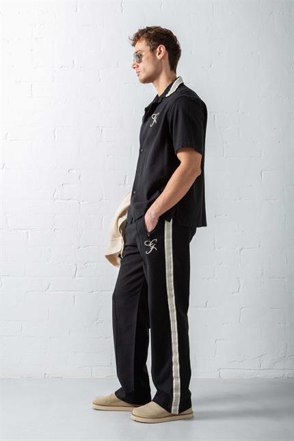 Erkek Relax Fit Keten Görünümlü Nakışlı Gömlek Siyah