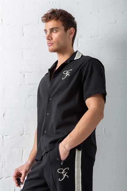 Erkek Relax Fit Keten Görünümlü Nakışlı Gömlek Siyah