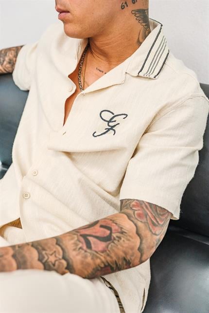 Erkek Relax Fit Keten Görünümlü Nakışlı Gömlek Bej