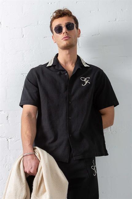 Erkek Relax Fit Keten Görünümlü Nakışlı Gömlek Siyah