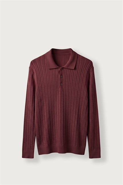 Erkek Relax Fit Polo Yaka Saç Örgü Triko Kazak Bordo