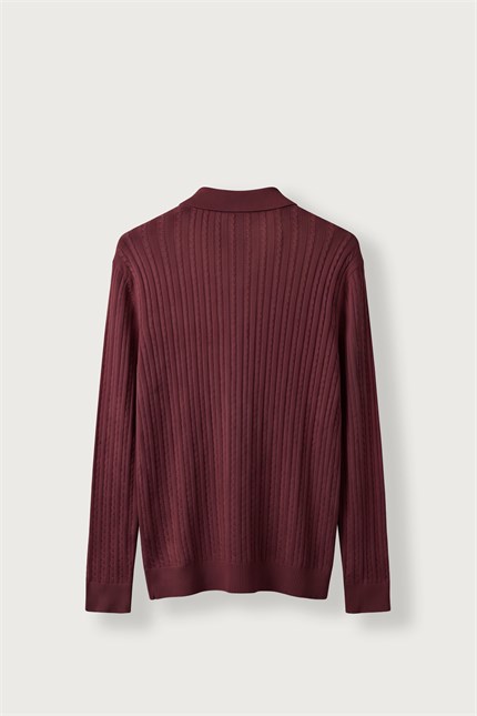 Erkek Relax Fit Polo Yaka Saç Örgü Triko Kazak Bordo