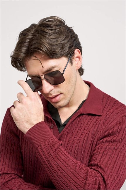 Erkek Relax Fit Polo Yaka Saç Örgü Triko Kazak Bordo