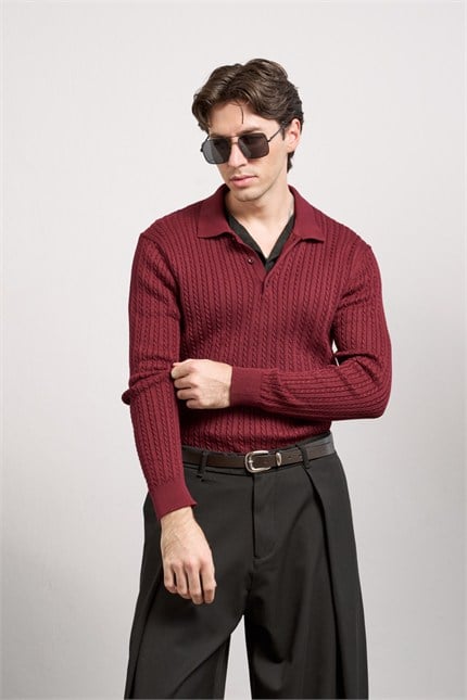 Erkek Relax Fit Polo Yaka Saç Örgü Triko Kazak Bordo