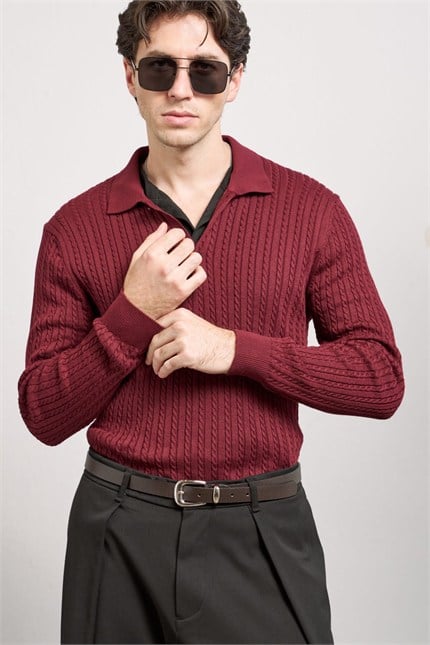 Erkek Relax Fit Polo Yaka Saç Örgü Triko Kazak Bordo