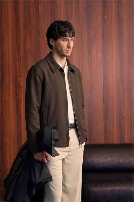 Erkek Relax Fit Premium Kalın Gabardin Ceket Kahverengi