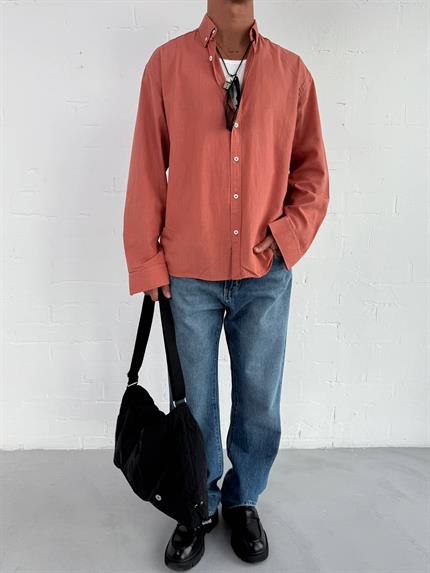 Erkek Relax Fit Rahat Kesim İnce Gömlek Kiremit