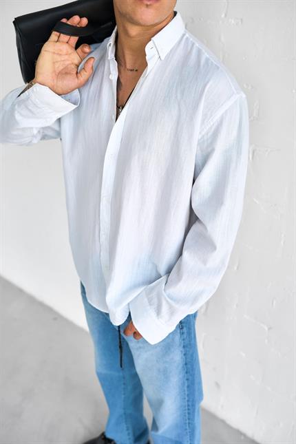 Erkek Relax Fit Rahat Kesim İnce Gömlek Beyaz