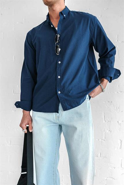 Erkek Relax Fit Rahat Kesim İnce Gömlek Lacivert