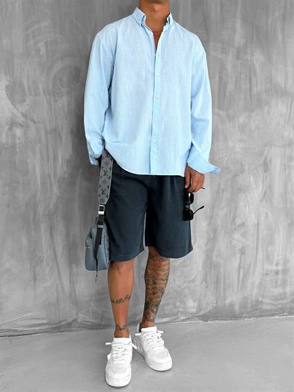 Erkek Relax Fit Rahat Kesim İnce Gömlek Açık Mavi