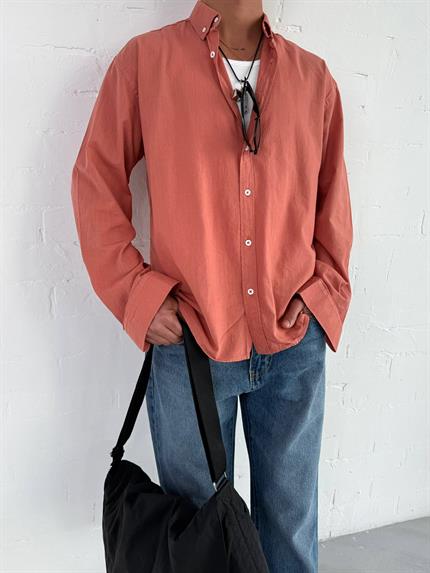 Erkek Relax Fit Rahat Kesim İnce Gömlek Kiremit