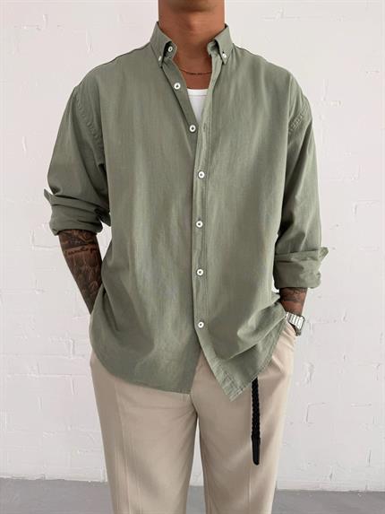 Erkek Relax Fit Rahat Kesim İnce Gömlek Haki