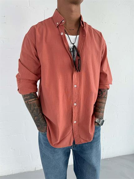 Erkek Relax Fit Rahat Kesim İnce Gömlek Kiremit