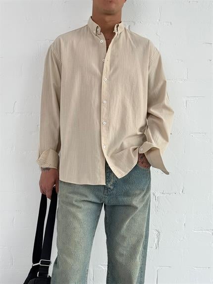 Erkek Relax Fit Rahat Kesim İnce Gömlek Bej