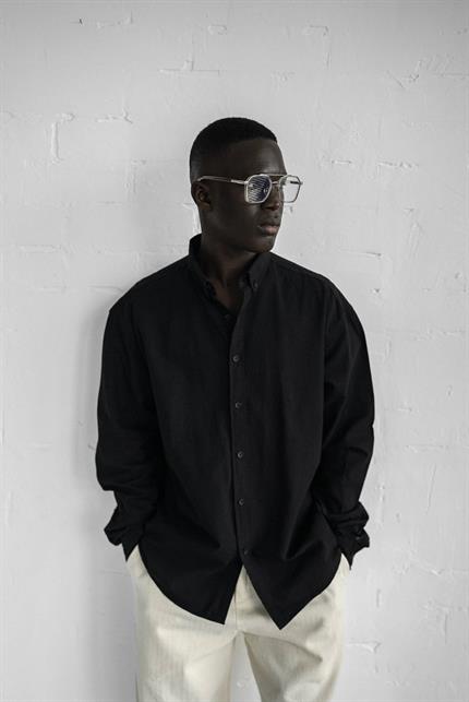 Erkek Relax Fit Rahat Kesim İnce Gömlek Siyah