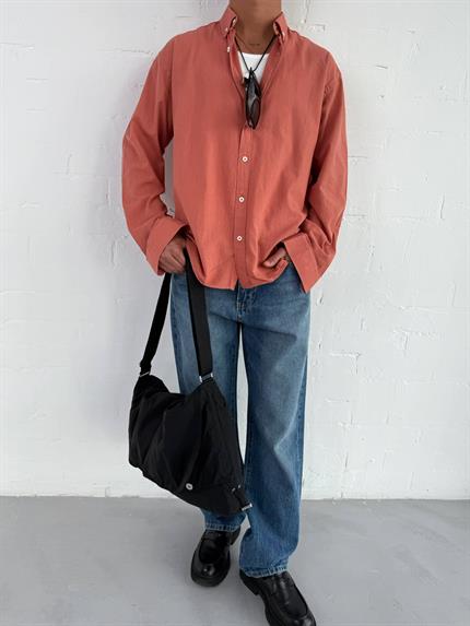 Erkek Relax Fit Rahat Kesim İnce Gömlek Kiremit