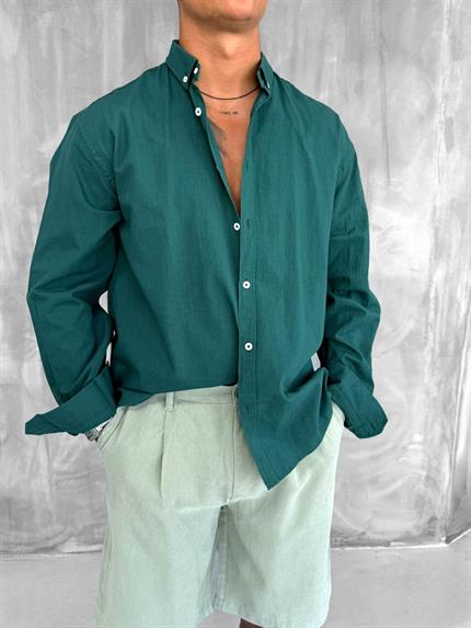 Erkek Relax Fit Rahat Kesim İnce Gömlek Koyu Yeşil