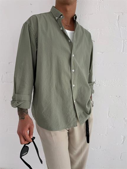 Erkek Relax Fit Rahat Kesim İnce Gömlek Haki