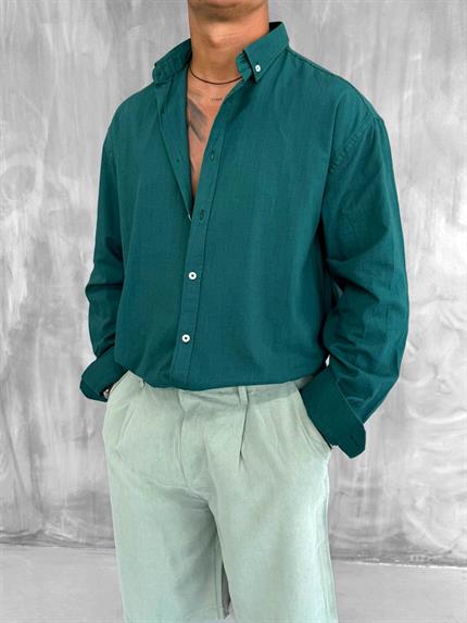 Erkek Relax Fit Rahat Kesim İnce Gömlek Koyu Yeşil