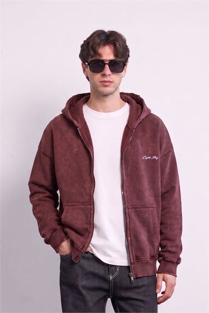 Erkek Relax Fit Yıkamalı Kapüşonlu Sweatshirt Bordo