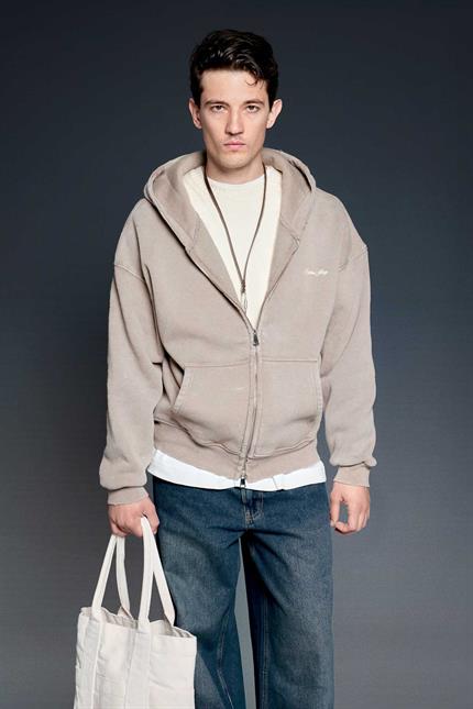 Erkek Relax Fit Yıkamalı Kapüşonlu Sweatshirt Koyu Bej