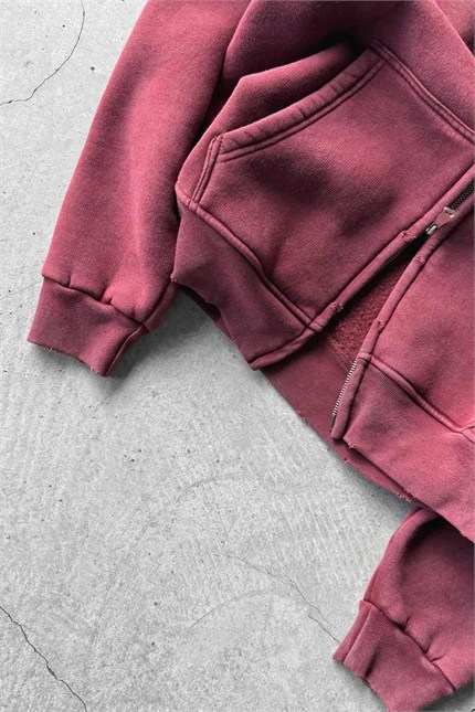 Erkek Relax Fit Yıkamalı Kapüşonlu Sweatshirt Bordo