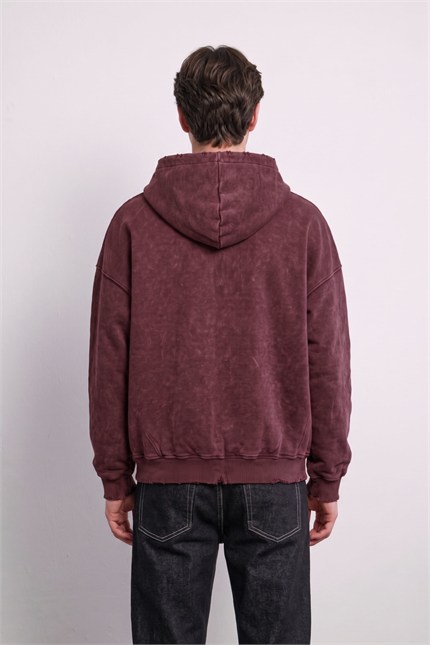 Erkek Relax Fit Yıkamalı Kapüşonlu Sweatshirt Bordo