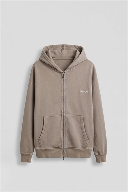 Erkek Relax Fit Yıkamalı Kapüşonlu Sweatshirt Koyu Bej