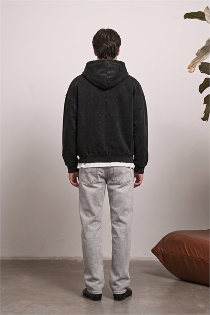 Erkek Relax Fit Yıkamalı Kapüşonlu Sweatshirt Siyah