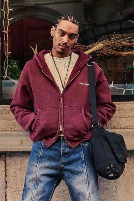 Erkek Relax Fit Yıkamalı Kapüşonlu Sweatshirt Bordo