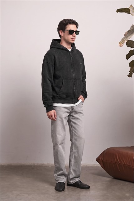 Erkek Relax Fit Yıkamalı Kapüşonlu Sweatshirt Siyah