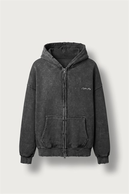 Erkek Relax Fit Yıkamalı Kapüşonlu Sweatshirt Siyah