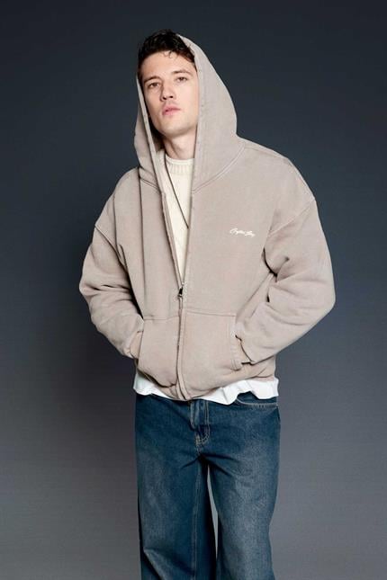 Erkek Relax Fit Yıkamalı Kapüşonlu Sweatshirt Koyu Bej