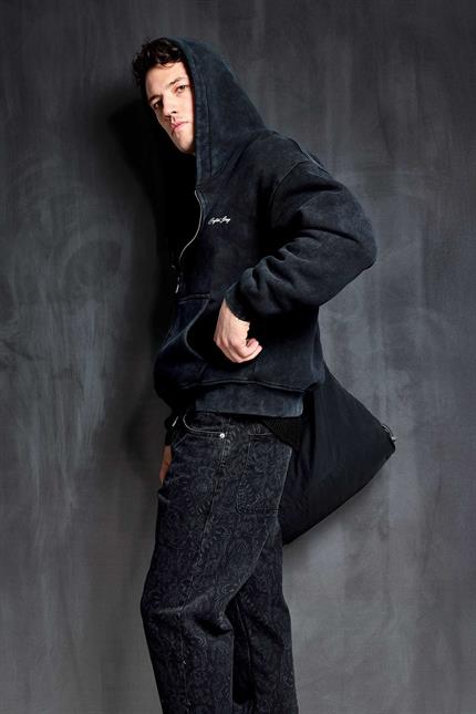 Erkek Relax Fit Yıkamalı Kapüşonlu Sweatshirt Siyah