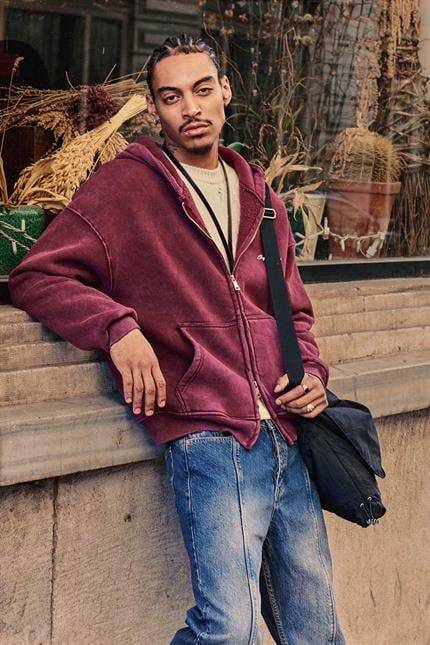 Erkek Relax Fit Yıkamalı Kapüşonlu Sweatshirt Bordo